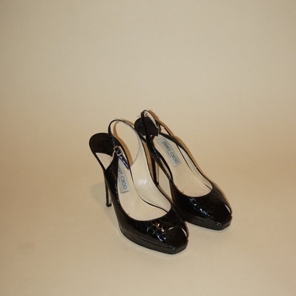 "Jimmy Choo" Croc Embossed Leather Peep Toe Slingback Heels - Size 39.5 - Picture 2 of 10